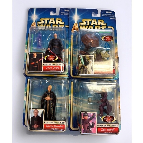 Hasbro Other - Lot of 4 Star Wars 2002 Action Figures Attack of the Clones Yoda Palpatine Vtg